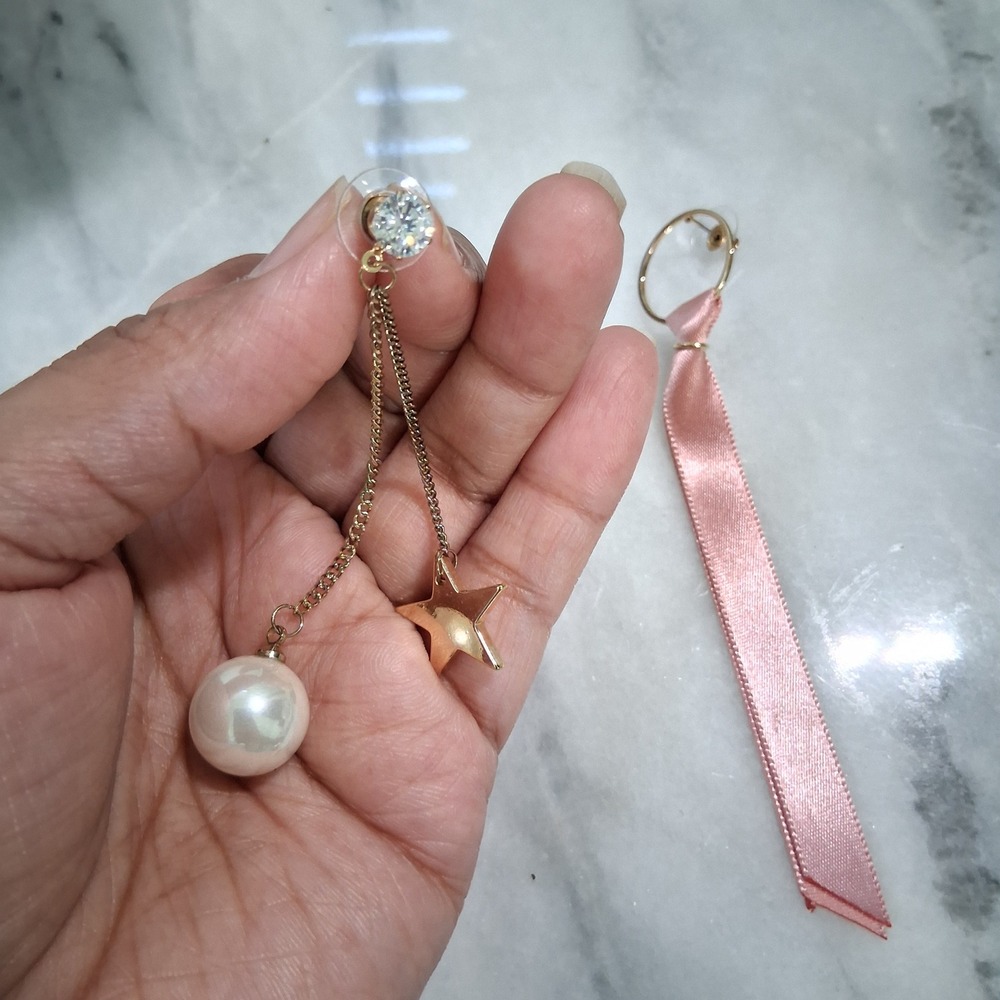 Star Pearl Rhinestone Pink Ribbon Chain Dangle Boho Earrings - Picture 5 of 7